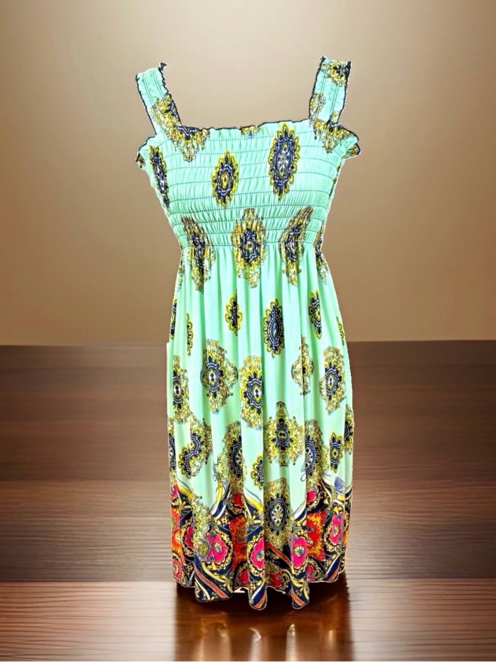 WinWin L/XL Light Blue Paisley Smocked Square Neck Strappy Maxi Sundress